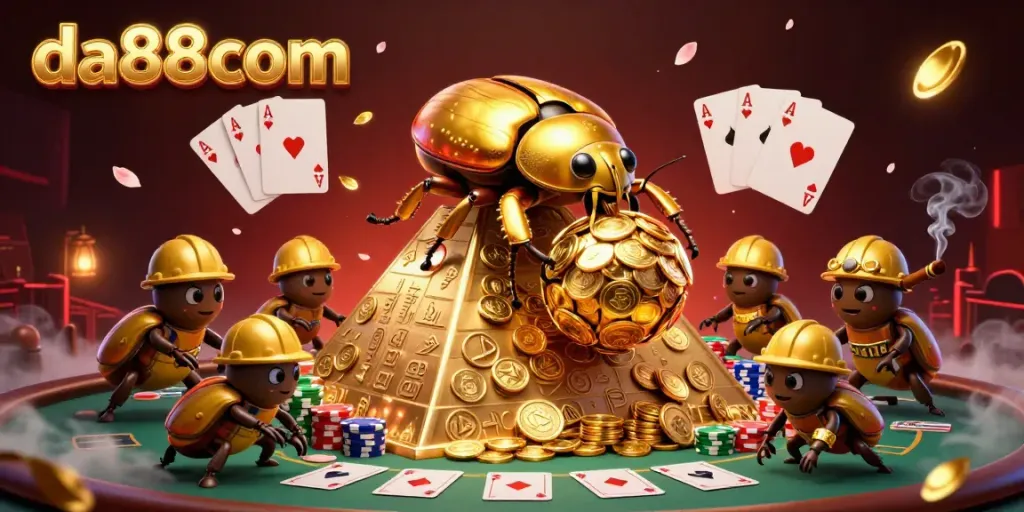 Experience thrilling casino action with da88com's vibrant 3D beetle scene packed with poker elements.