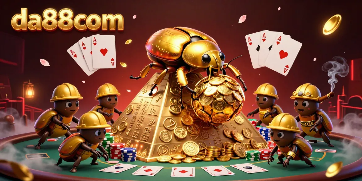 Experience thrilling casino action with da88com's vibrant 3D beetle scene packed with poker elements.