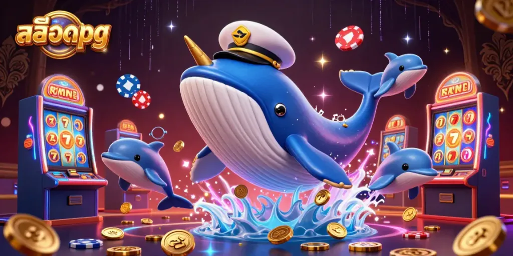Experience thrilling สล็อตpg action with a whale, narwhal, and dolphins in a bustling casino scene.