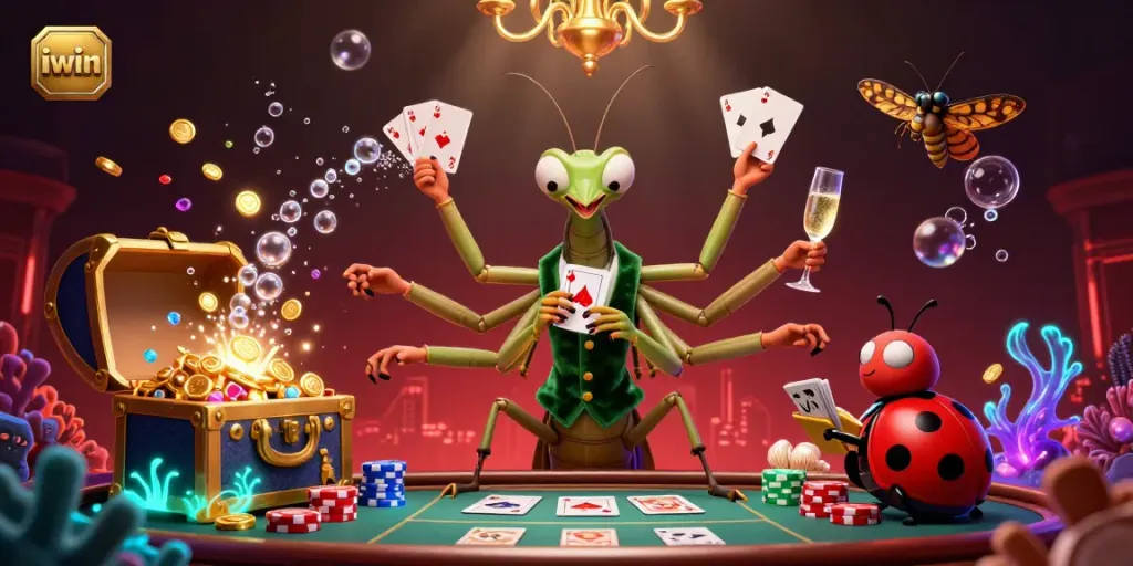Experience thrilling gaming with iwin, featuring a vibrant casino scene filled with card games and treasure.