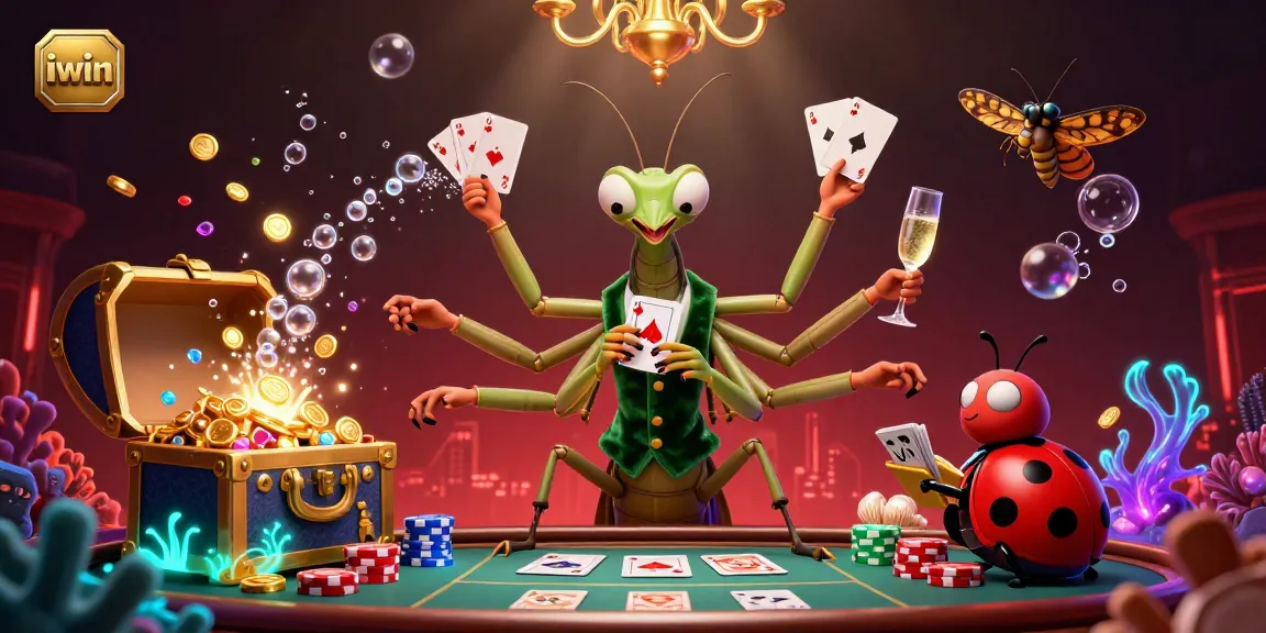 Experience thrilling gaming with iwin, featuring a vibrant casino scene filled with card games and treasure.