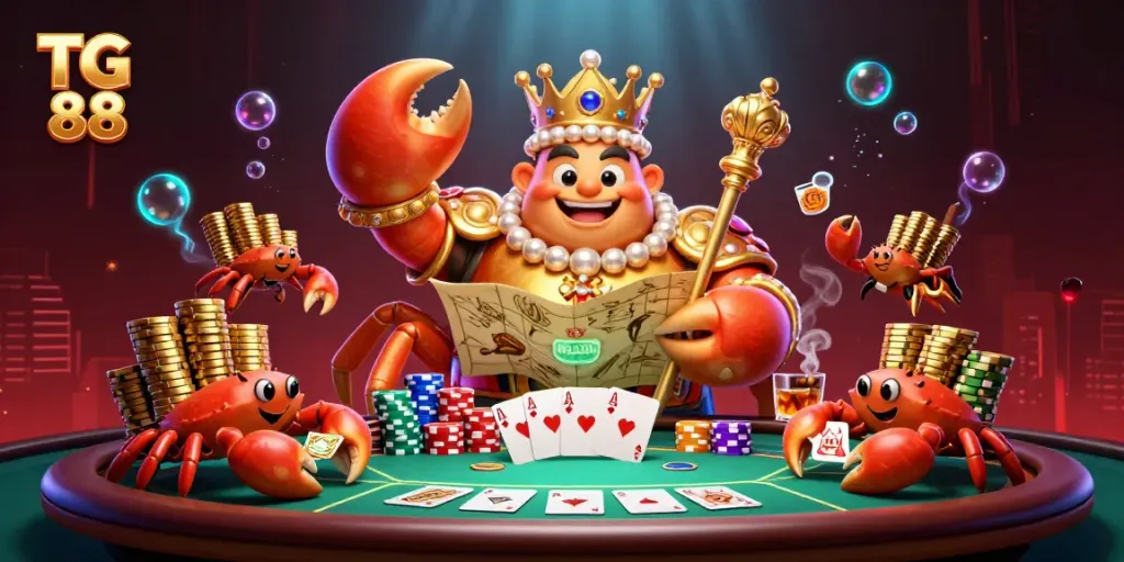 Experience exciting gameplay in TG 88 with a vibrant 3D scene featuring a golden crab emperor and poker elements.