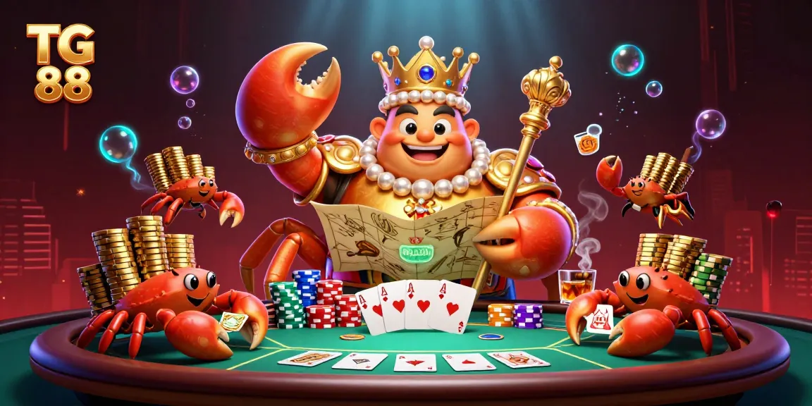 Experience exciting gameplay in TG 88 with a vibrant 3D scene featuring a golden crab emperor and poker elements.