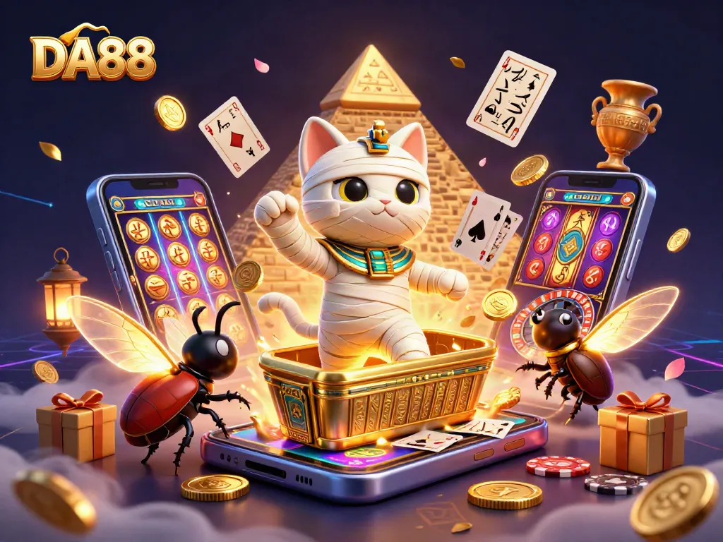 DA88 offers an exhilarating casino experience with the Egyptian mummy cat and its golden winnings.