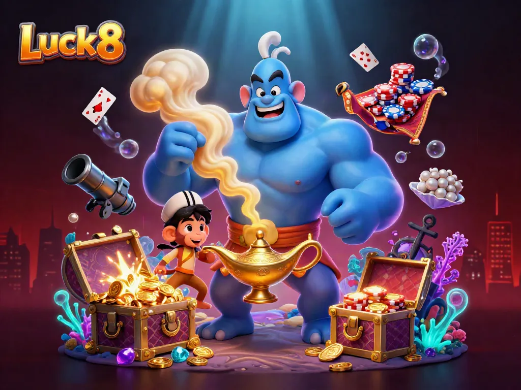 Luck8 generates excitement with a mystical genie, a monkey, and poker elements in a vibrant casino scene.