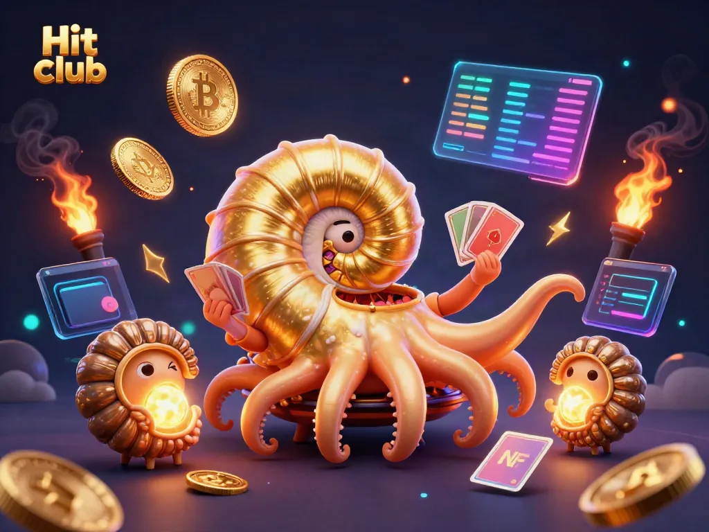 Experience the Hit club's thrilling gameplay with cartoon nautilus, glowing cards, and vibrant crypto elements.