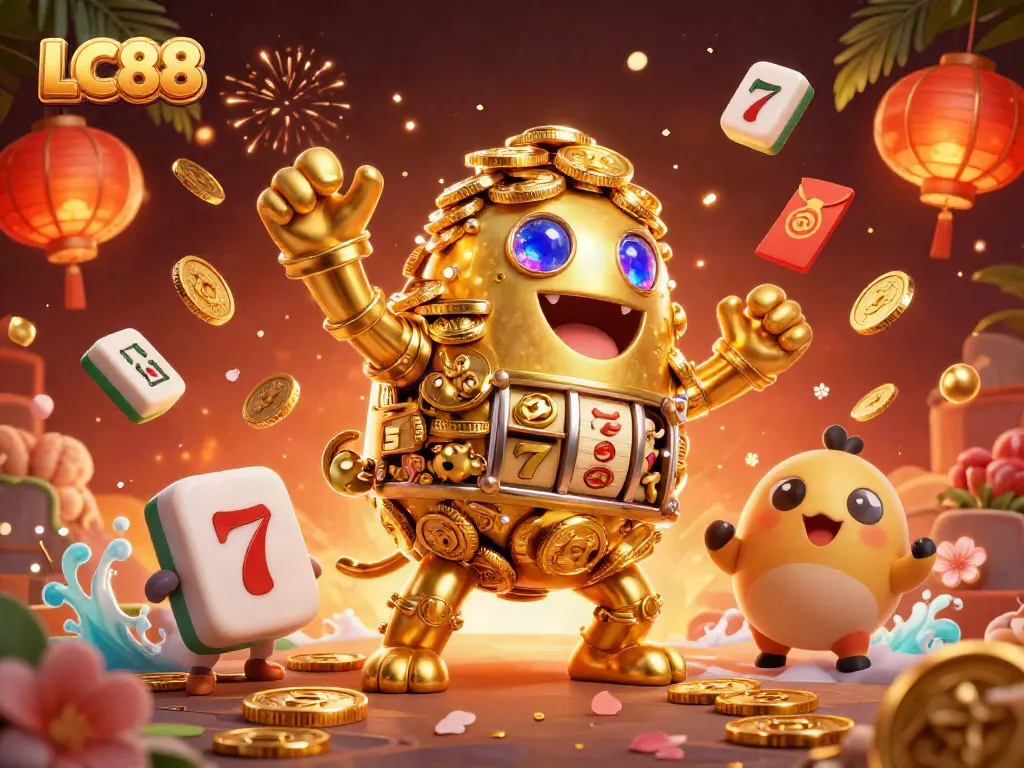 LC88 golem spins golden coins and slot symbols amidst a vibrant casino celebration scene.