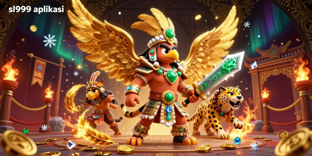 Engage with sl999 aplikasi, a captivating 3D scene of Aztec warriors and golden gaming elements.