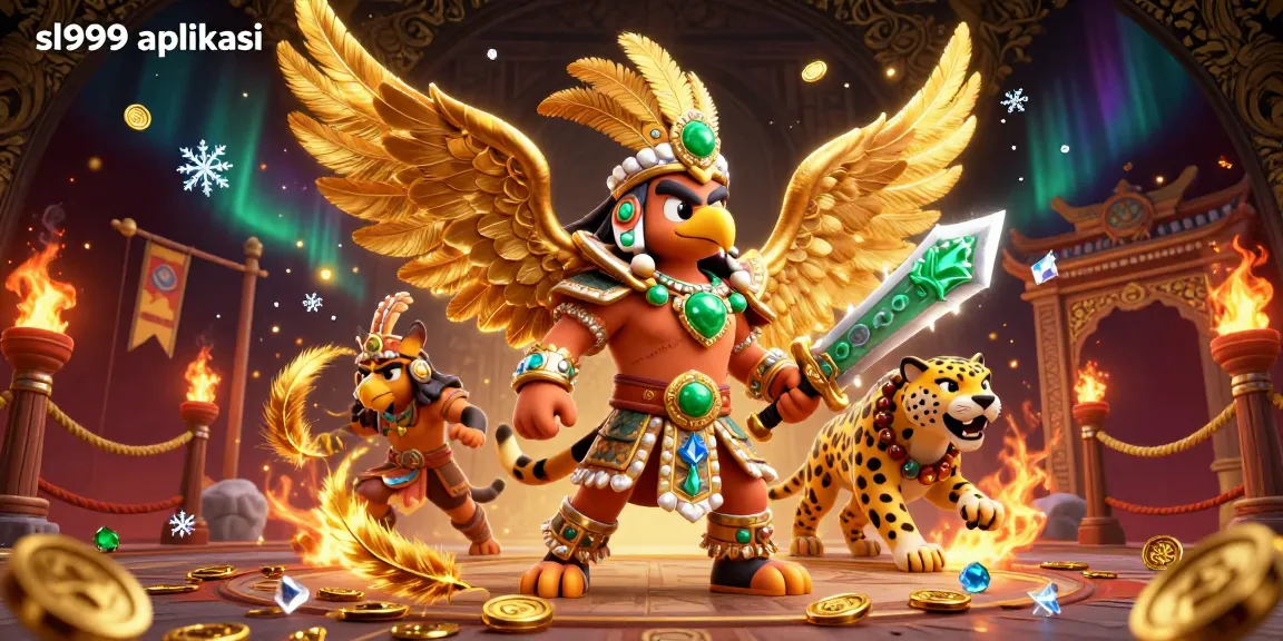 Engage with sl999 aplikasi, a captivating 3D scene of Aztec warriors and golden gaming elements.