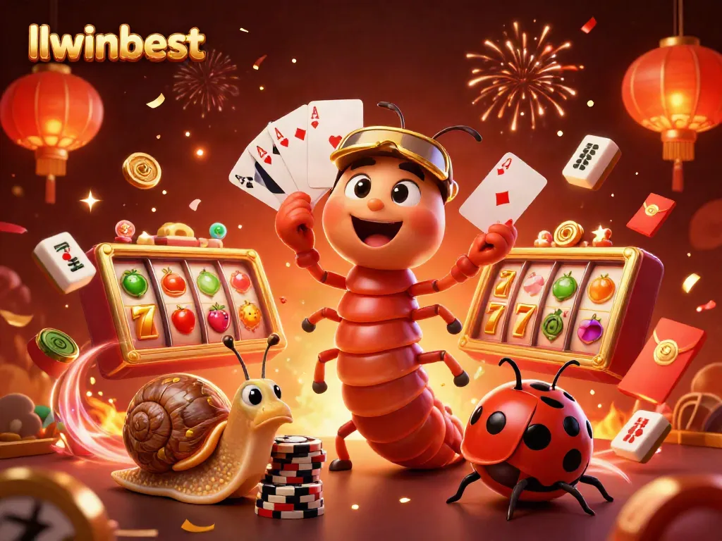 Experience the thrill of llwinbest as a colorful 3D scene showcases a cartoon dealer and high-roller amidst spinning slot reels and vibrant casino elements.