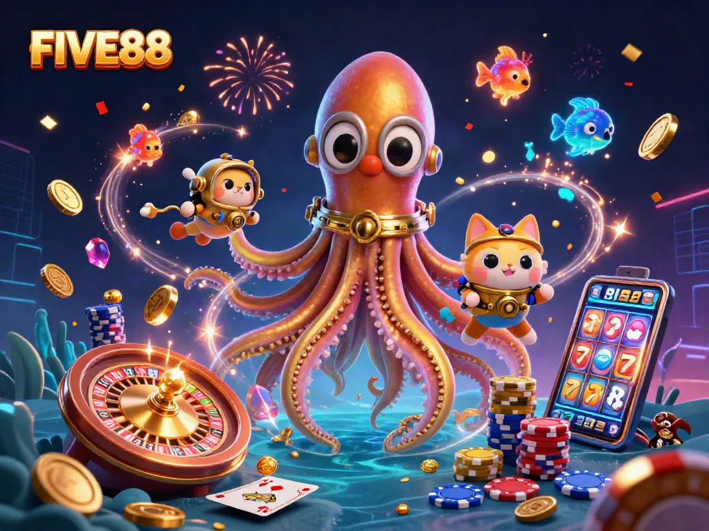 Join the excitement at FIVE88! Enjoy thrilling wins with a massive kraken, dazzling treasures, and vibrant games.