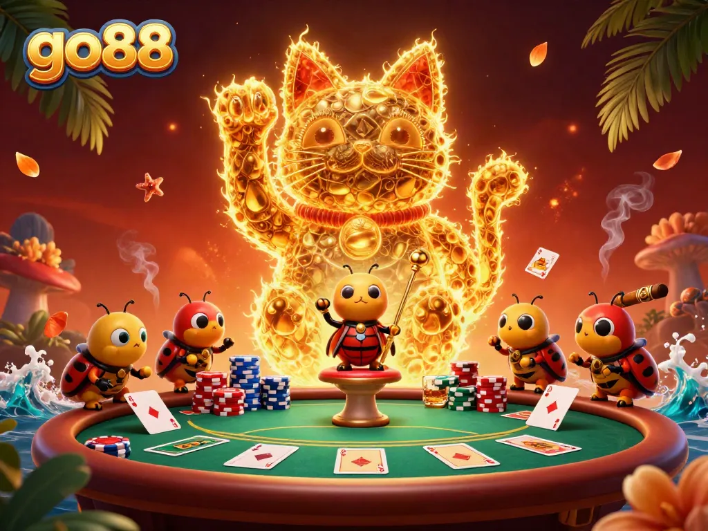 Experience thrilling gaming adventures with go88, a vibrant 3D illustration of a lucky cat and casino elements.