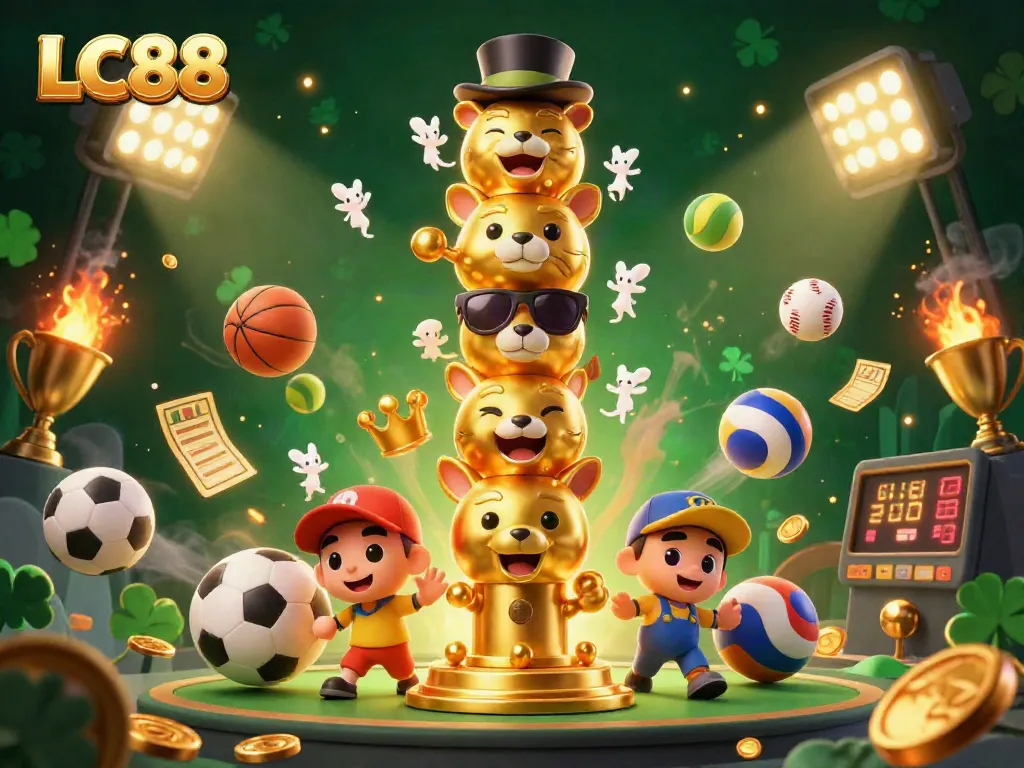 Engage in thrilling bets at LC88, featuring a vibrant 3D illustration of a golden totem and sports elements.