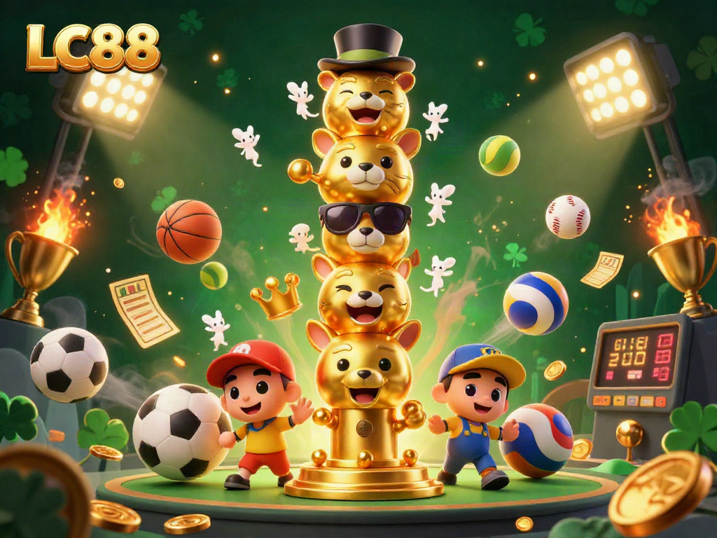 Engage in thrilling bets at LC88, featuring a vibrant 3D illustration of a golden totem and sports elements.