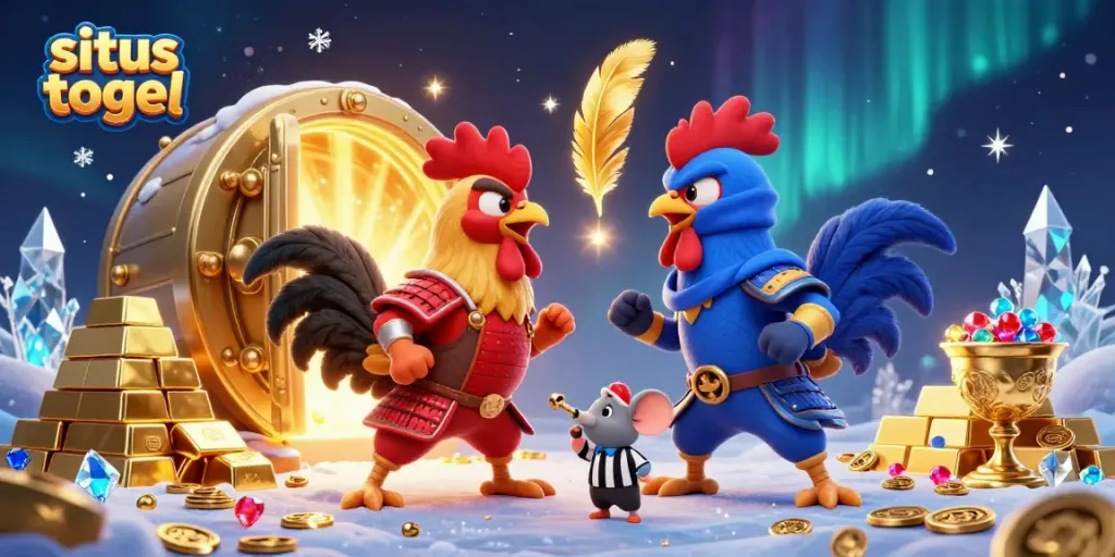 Situs togel cartoon scene of roosters in battle with gold treasure spilling around, engaging action.