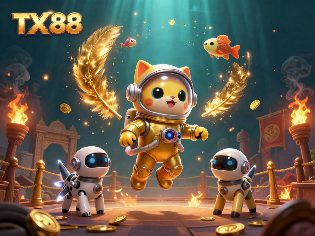 Experience animated fun with TX 88 as a cat astronaut and robot dog explore a cosmic casino.