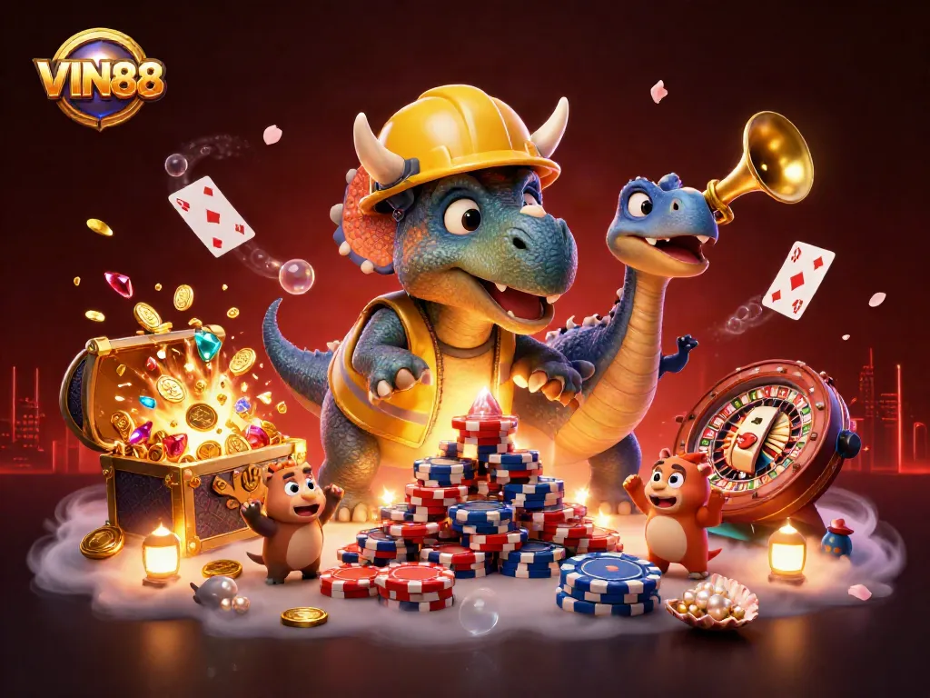 Play thrilling casino games like VIN88 with a 3D triceratops building poker chip towers.