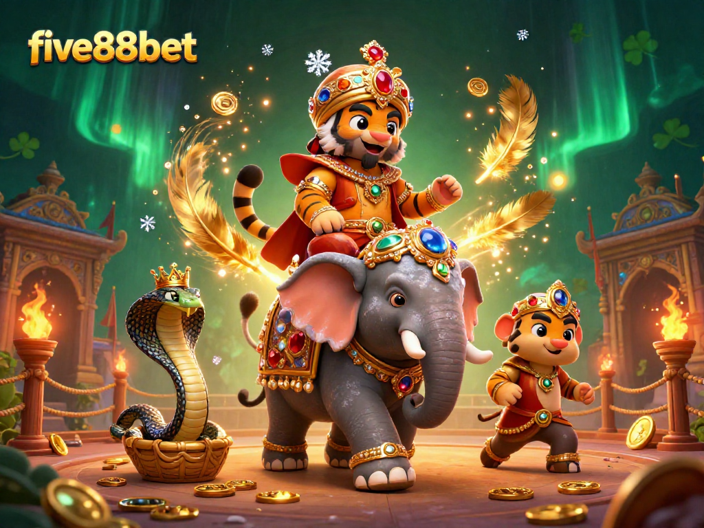 Engage with five88bet's thrilling atmosphere featuring vibrant casino elements and dynamic characters.