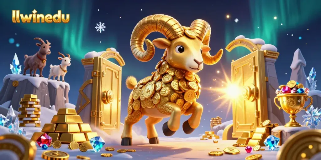 llwinedu showcases high-stakes excitement with a charging golden ram amidst treasure in a grand casino setting.