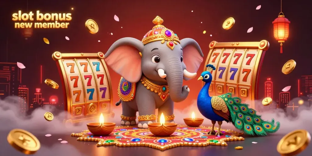 Engage with the exciting slot bonus new member featuring a vibrant 3D illustration of a casino-themed scene with dynamic elements.