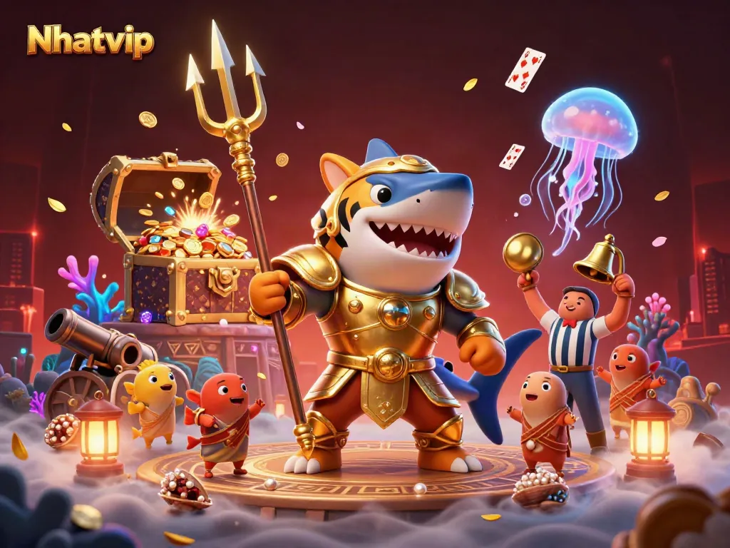 Nhatvip fully immerses players in a vibrant underwater gladiatorial scene filled with treasure and excitement.