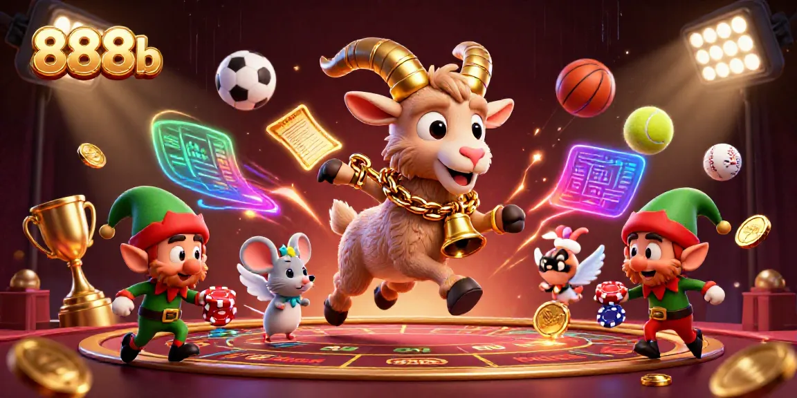 Experience the vibrant action of 888b casino with festive characters amid dynamic sports elements.