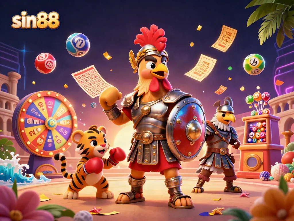 Join thrilling action at sin88 with a rooster gladiator and boxing cub amidst lively gaming elements.