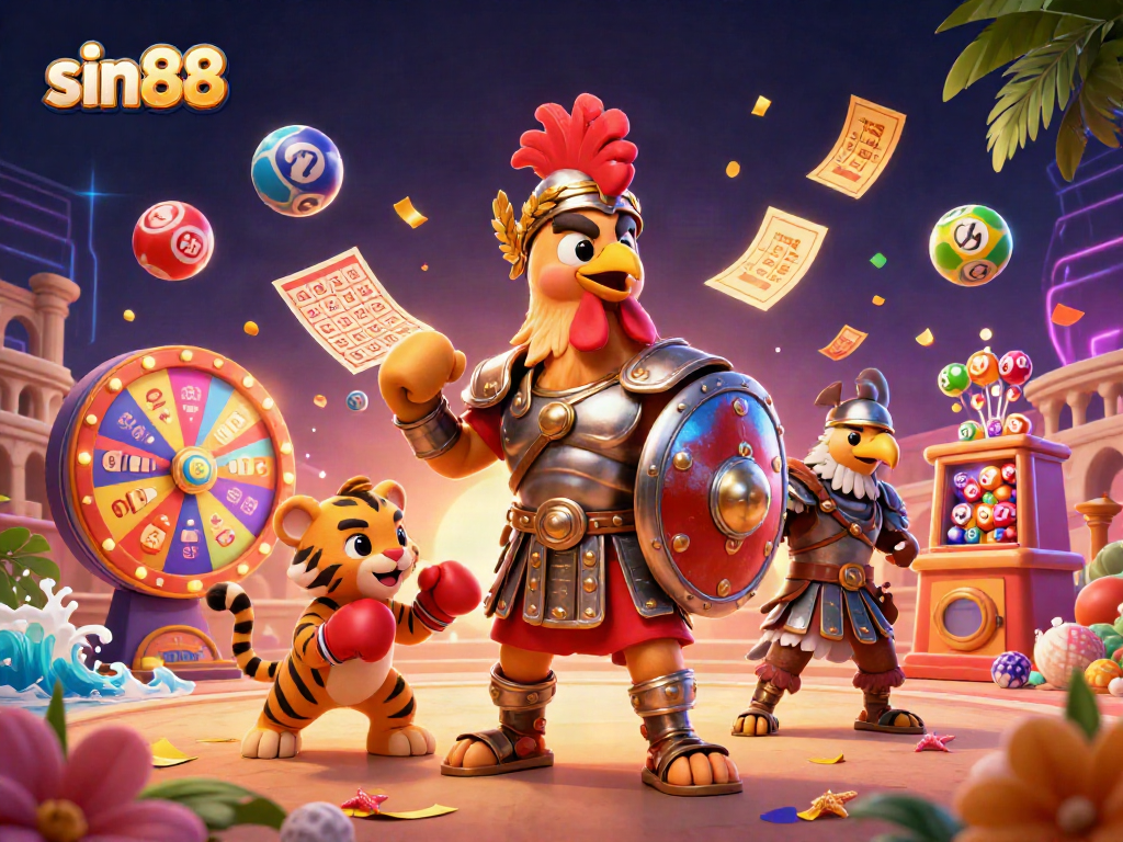 Join thrilling action at sin88 with a rooster gladiator and boxing cub amidst lively gaming elements.