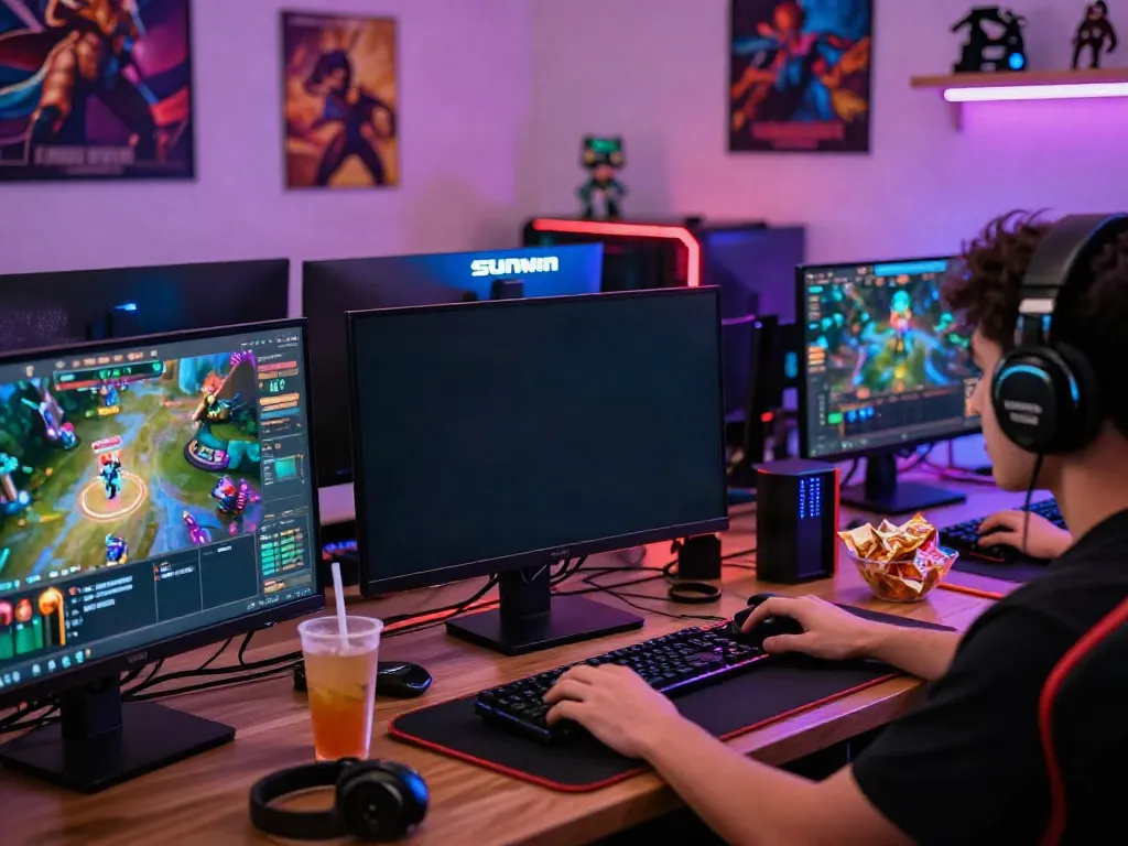 Sunwin gaming scene with a focused gamer, exciting graphics, and immersive atmosphere.