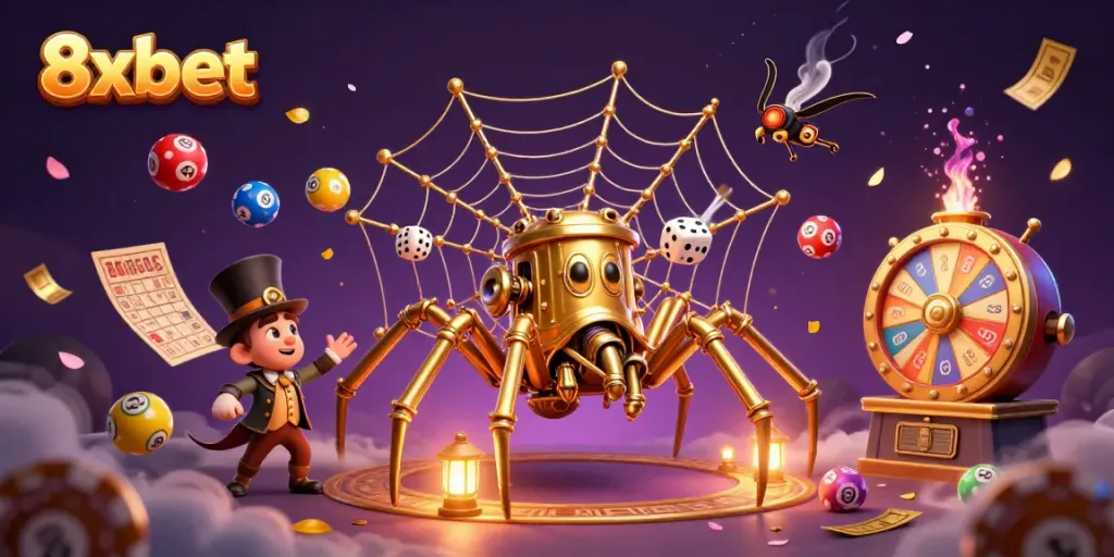 Experience thrilling gameplay at 8xbet with vibrant symbols and unique characters in an engaging casino scene.