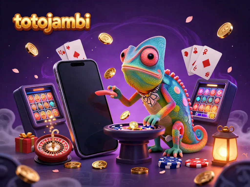 Engage with thrilling games at totojambi with a vibrant casino atmosphere, featuring a colorful chameleon and exciting slot action.