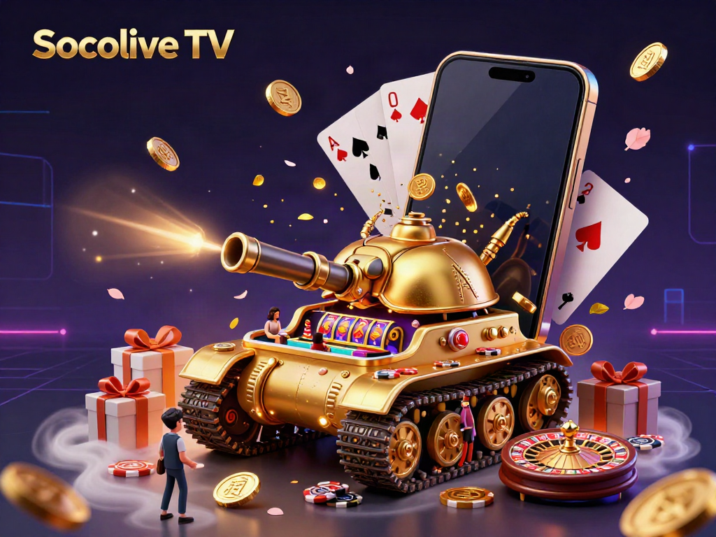 Socolive TV captures the excitement of online gambling with a vibrant casino scene in a golden beetle tank.