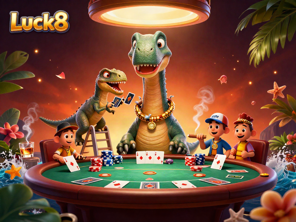 Play poker with Luck8 in this whimsical 3D casino scene featuring a giant brontosaurus and clever raptor