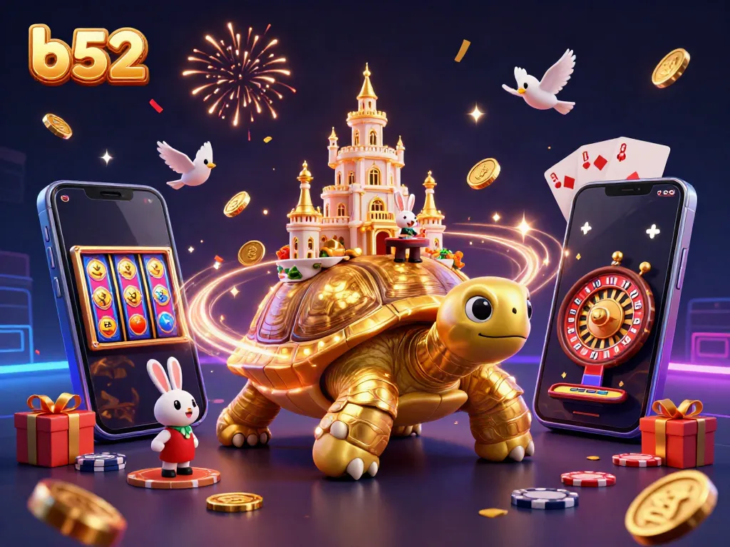 Experience the excitement of b52 gaming with a golden tortoise casino scene featuring a rabbit dealer and dynamic gaming elements.