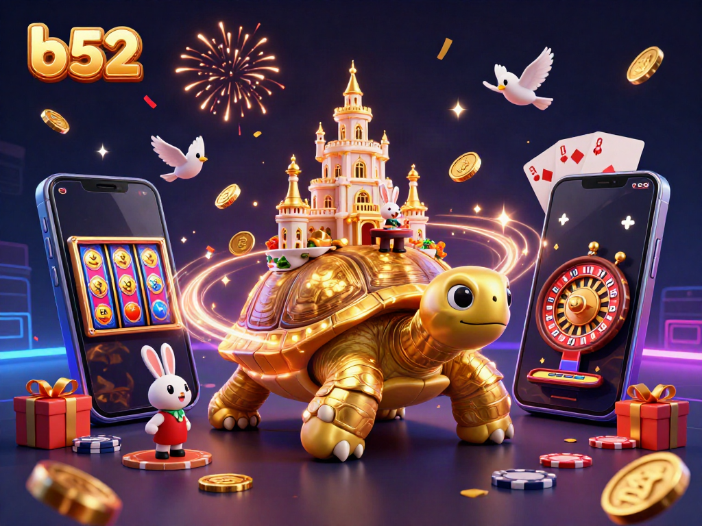 Experience the excitement of b52 gaming with a golden tortoise casino scene featuring a rabbit dealer and dynamic gaming elements.