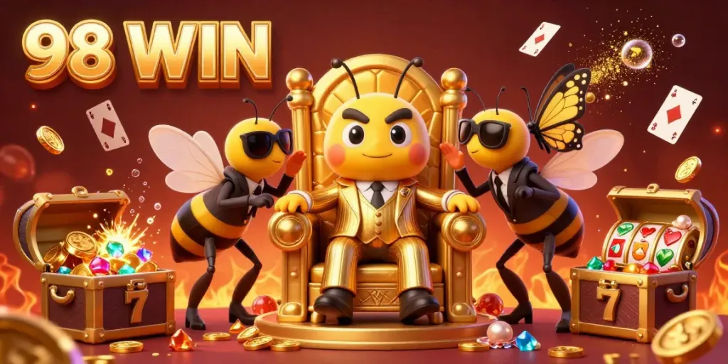 Experience vibrant slot action with the enchanting "98 WIN" scene of a bumblebee mob boss and hidden treasures.