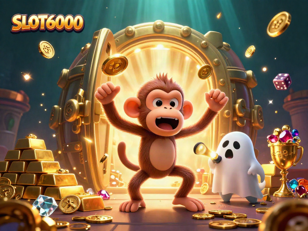 SLOT6000 players winning big in a haunted casino featuring mischievous characters and treasures.