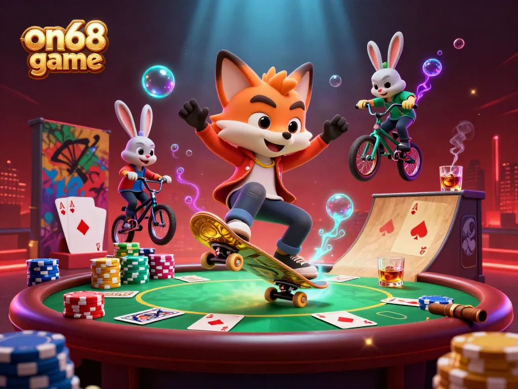 Experience the thrilling on68 game with a vibrant 3D casino scene featuring daring characters and rich gambling elements.