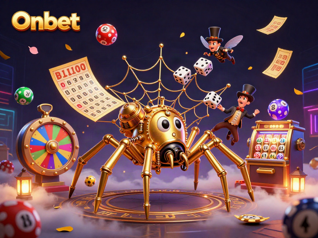 Engaging Onbet-themed illustration showcasing a golden spider and fly in a dynamic casino environment, featuring gambling elements.