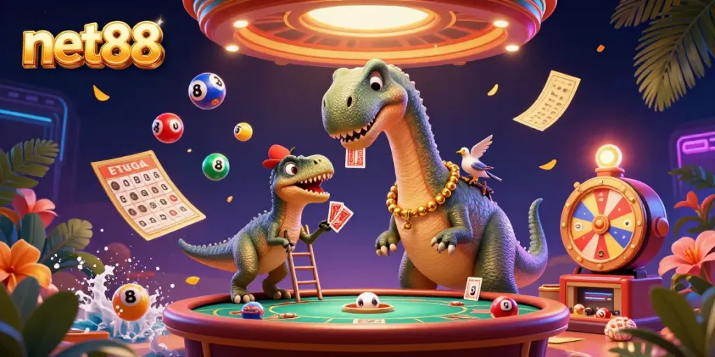 Engage with exciting lottery dynamics at net88, featured in a vibrant cartoon casino scene.