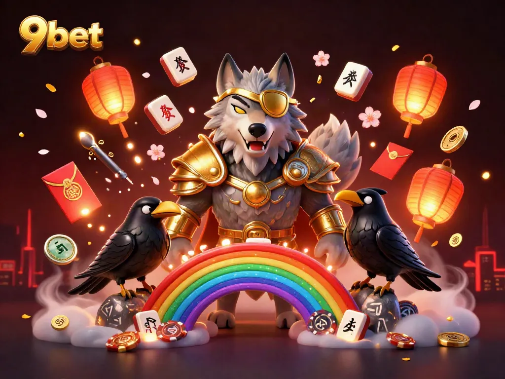 Experience thrilling gameplay with 9bet in this vibrant casino scene featuring Odin's wolf and magical elements.