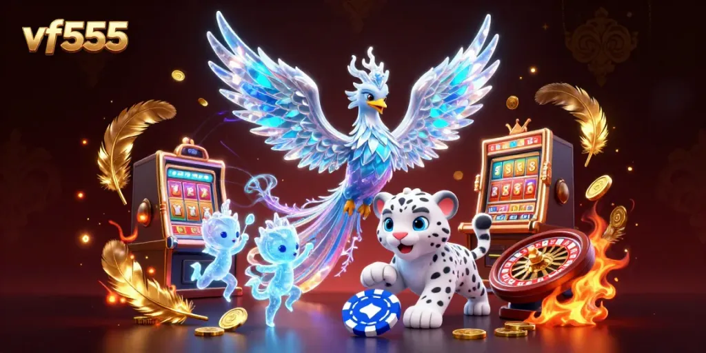 Bet with vf555 and experience vibrant casino luck featuring an ice phoenix, playful snow leopard cub, and glowing sprites.
