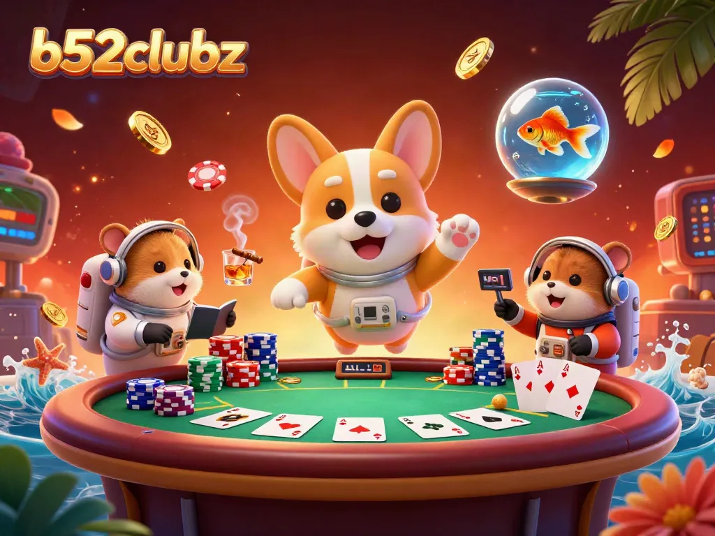 Engage with b52clubz in an immersive casino space featuring a floating corgi, poker chips, and colorful game elements