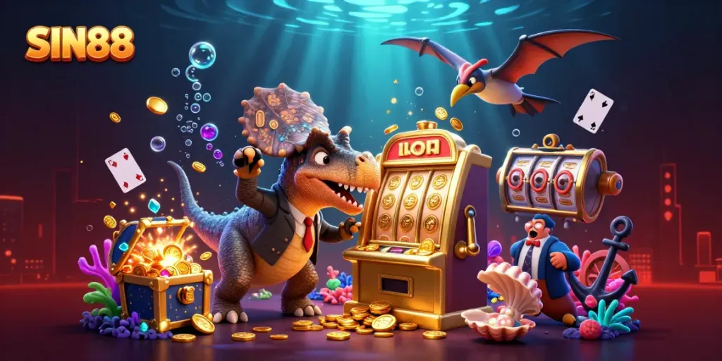 SIN88 showcases a pachycephalosaurus winning jackpot coins at a golden slot machine, thrilling the audience.