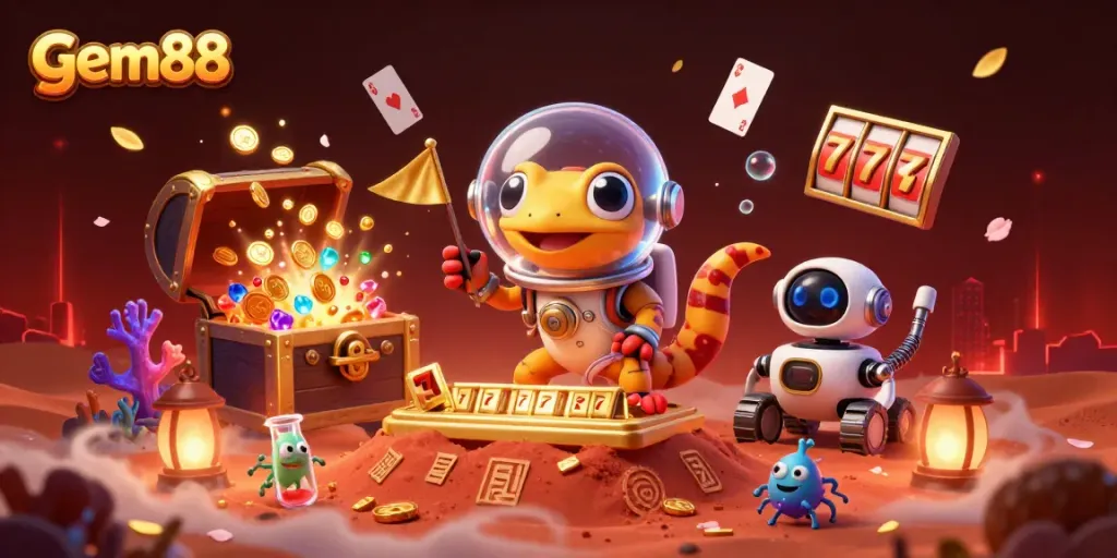 Engage with gem88's vibrant casino scene filled with golden treasures and electrifying game elements.