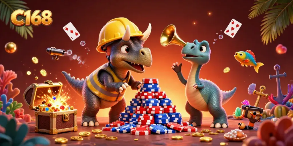 C168 engages players with a vibrant 3D casino scene featuring dinosaurs celebrating around poker chips.