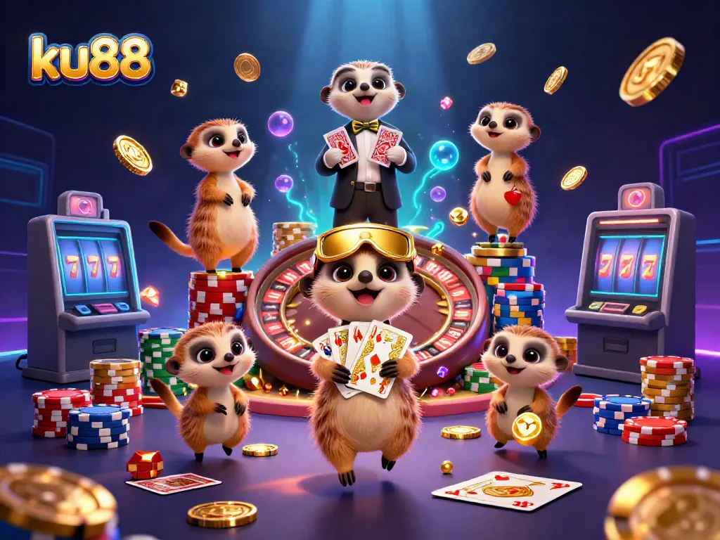 ku88 casino illustration featuring meerkats managing games, showcasing vibrant gambling activities